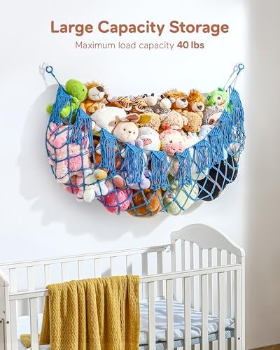 Boho Stuffed Animal Hammock, Falt Wall or Corner Hanging, Blue, XL - Image 2