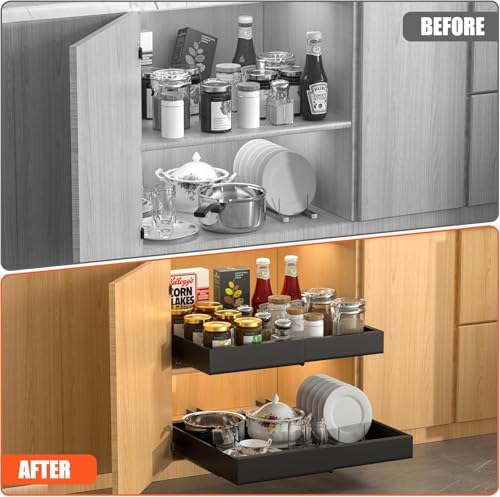 DEKAVA 4 Pack Pull Out Cabinet Organizer Expandable, Adhesive with Nano Film, Pull Out Drawers for Cabinets in Kitchen, Pantry or Bathroom (Black, 21“DEEPX[12"-20'']Width-4PACK) - Image 3