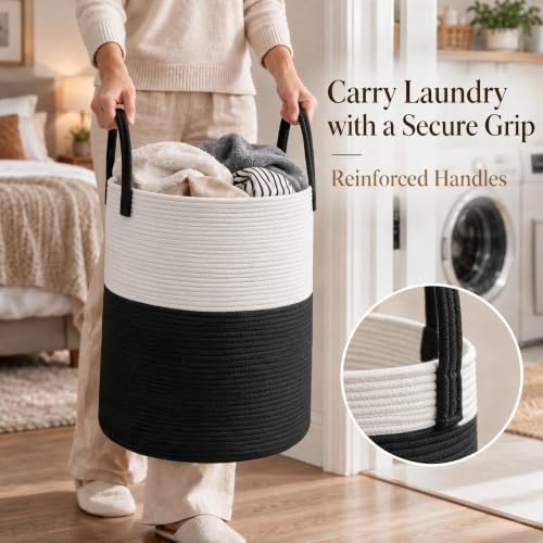 JMvicyroam 60L Cotton Rope Laundry Basket Hamper, White and Black - Image 3