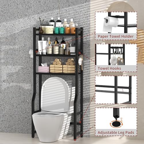 Livilord 3 Tier Over The Toilet Storage Rack with Toilet Paper Holder, Metal Freestanding Bathroom Shelves with 4 Hooks, Over Toilet Storage Shelf for Bathroom Storage, Black - Image 4