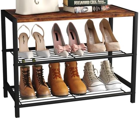 Yusong Shoe Rack Organizer, 3 Tier Industrial Shoe Storage Shelf for Closet Entryway, Narrow Sturdy Metal Shoe Shelves, Rustic Brown by Yusong