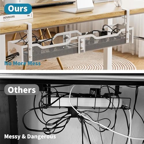 Under Desk Cable Management Tray 32'', Cable Management Under Desk No Drill, Cable Organizer with Clamp for Wire Management, Cord Organizer for Office, Home - No Damage to Table (White) - Image 6