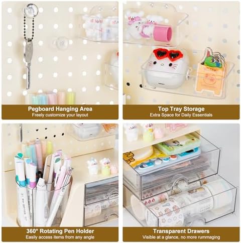 Comix Desk Organizer with 2 Drawer, Beige 360° Rotating Pen Holder for Desk - Image 4
