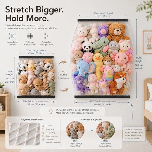 Stuffed Animal Storage Net, Elastic Stuffed Toy Holder,Door/Wall Mount Length Adjustable Hanging Soft Toy Organizer, Plushie Net for Nursery Play Room-Black Boards - Image 3