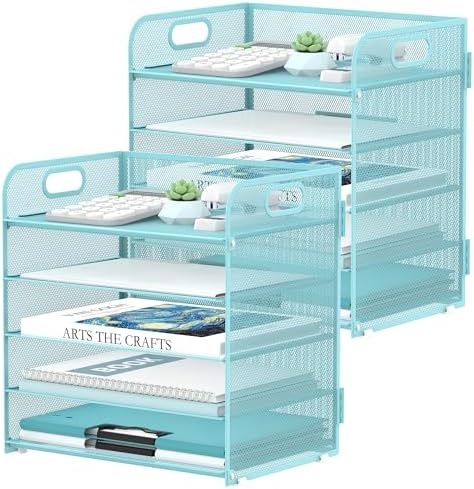 SUPEASY 2 Pack 5-Tier Blue Desk Organizer with Handle Mesh Desk File/Paper Organizer Letter Tray for Office, School and Home Easy Installation by SUPEASY