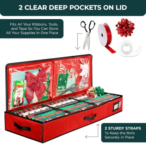 HOLDN’ STORAGE Premium Wrapping Paper Storage Container - Durable 600D Tear-Proof, Fits 27 Rolls Gift Wrap, Extra Pockets for Ribbons & Bows, Underbed Storage - Ideal for Holiday Christmas, Red - Image 4
