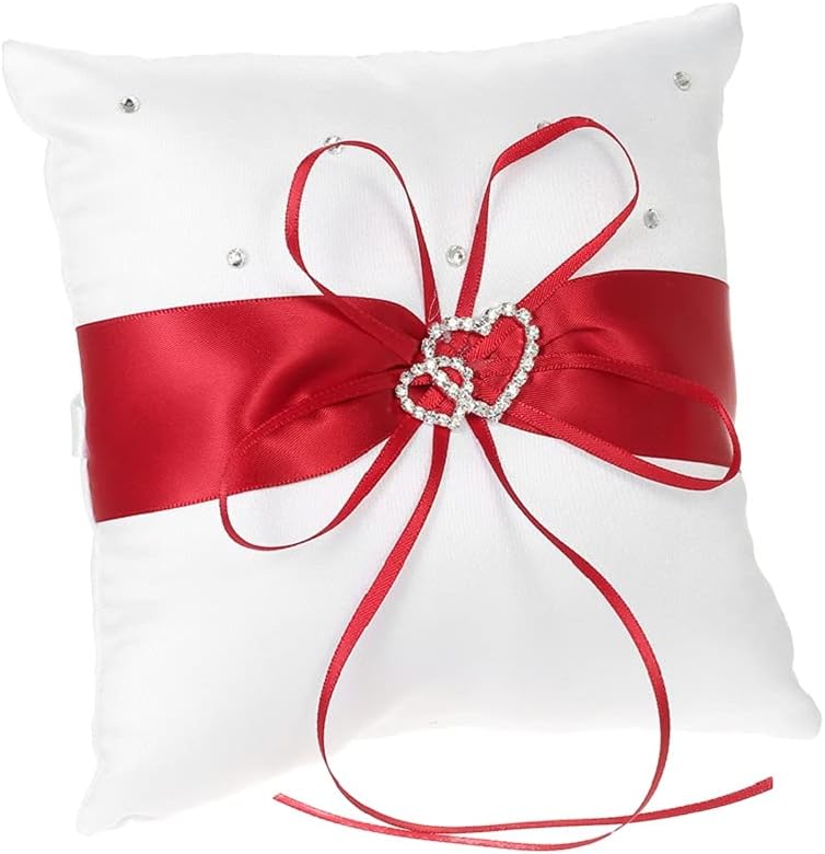 The Crafty Owl 2 Heart Rhinestones Ivory/White/Blue Trimming/Red Trimming Satin Large Wedding Ring Bearer Pillow and Basket Set (White with Red Trimming)