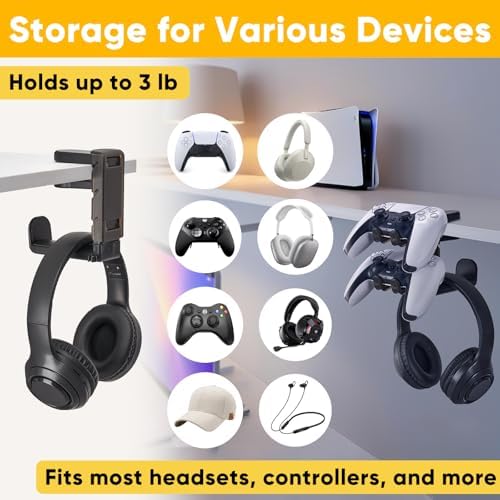 3 in 1 Under Desk Headphone Hanger with Adjustable Clamp Mount, 2 Controller Slots & 1 Headset Universal Holder Stand, Rotatable Hook Rack & Cable Organizer, for Home Gaming Xbox ps5 - Black - Image 2