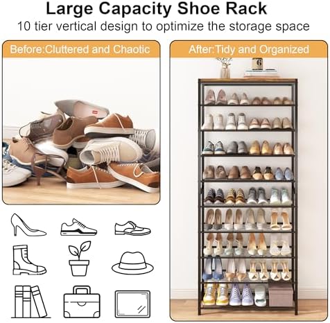 HOMEFORT 10 Tiers Shoe Rack Organizer,30" Shoe Storage Shelf for Closet, Shoe Rack for Entryway,Holds 36-40 Pairs of Shoe, Tall Shoe Stand with Metal Shelves and MDF Top Board,Rustic Brown - Image 4
