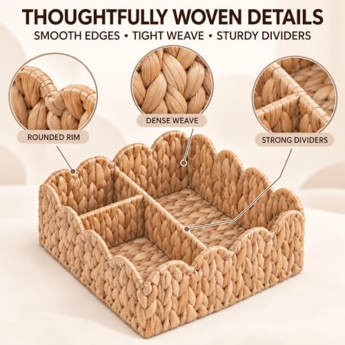 Divided Scalloped Basket,Wicker Diaper Caddy Scalloped Baske,Woven Natural Water Hyacinth Basket with 4 Dividers,Suitable for Baby Rooms, Bathrooms, Bedrooms (Beige) - Image 3
