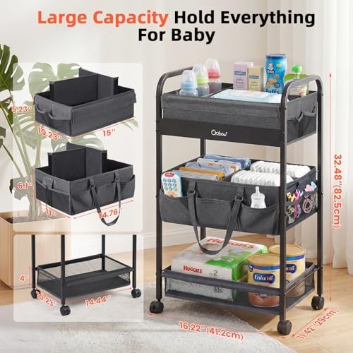 Orzbow Diaper Caddy Cart, 3 Tier Baby Rolling Storage Cart - Image 2