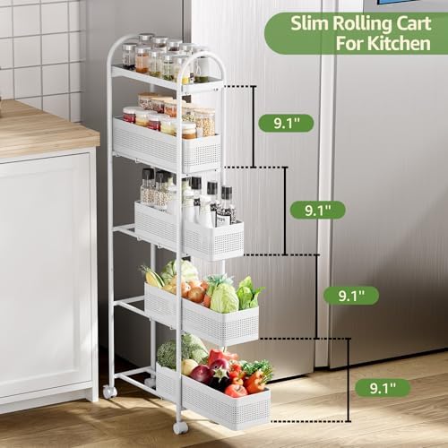 KINGRACK 5 Tier Slim Rolling Cart with Drawer, Metal Utility Storage Cart - Image 3