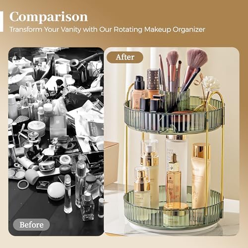 Aveniee Rotating Makeup Organizer for Vanity, Upagraded Perfume Skincare Bathroom Counter Organizers with Brush Divider, 2 Tier Spinning Lipstick Cosmetic Lotion Storage,Green - Image 6