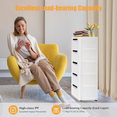 5 Tier Plastic Drawers Narrow Dresser Storage Cabinet, Mobile Stackable Clothes Storage Tower, Suitable for Home, Office, Bedroom Storage Cabinet, 7.87 * 15.75 * 33.07in (White) - Image 5
