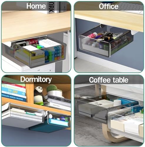 SVNNELP Under Desk Table Drawer Storage Organizer Slide Out, Attachable Hidden Self-Adhesive Under Desk Pencil Tray Drawer for Office/Classroom/Home (Clear Black/M) - Image 3