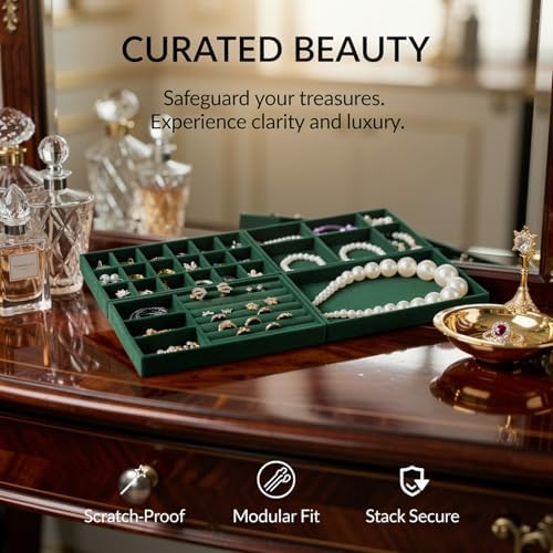 8 Pcs Jewelry Drawer Organizers, Velvet Jewelry Trays for Drawer, Stackable Jewelry Trays, Ideal for Rings, Earrings, Bracelets, Necklaces, Green - Image 2