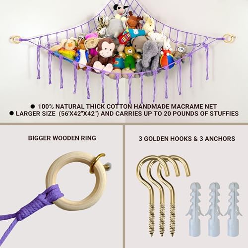 ABBY BABY Large Stuffed Animal Hammock Corner - Stuffed Animal Storage - 100% Natural Cotton Macrame Stuffed Animal Net - Stuff Animal Organizer - Net For Stuffed Animals Corner Large - Purple - Image 2