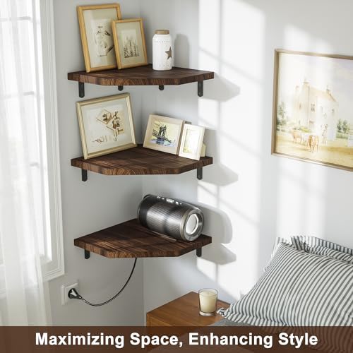 Alsonerbay Pine Wood Corner Shelves with Cord Hole 3-Pack, Carbonized Black - Image 3