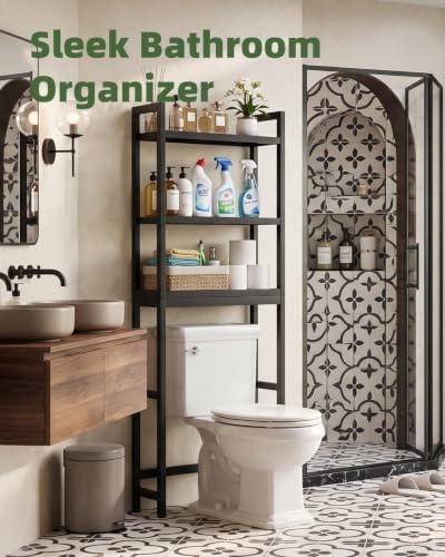 SMIBUY Bathroom Storage Shelf, Bamboo Over-The-Toilet Organizer Rack, Freestanding Toilet Space Saver with 3-Tier Adjustable Shelves (Black) - Image 4
