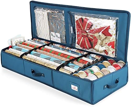 Hearth & Harbor Wrapping Paper Storage Container - Christmas Storage Bag with Interior Pockets - Gift Wrap Organizer Fits Up to 22 Rolls of 40" - Tear Proof, Blue by HearthHarbor