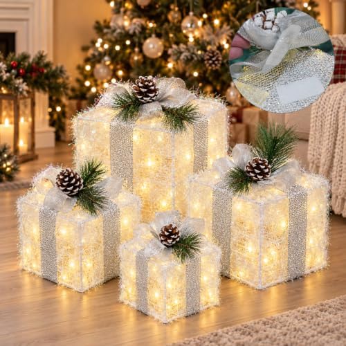 Hourleey Set of 4 Christmas Lighted Gift Boxes Warm White 70 LED Pre-lit - Image 5