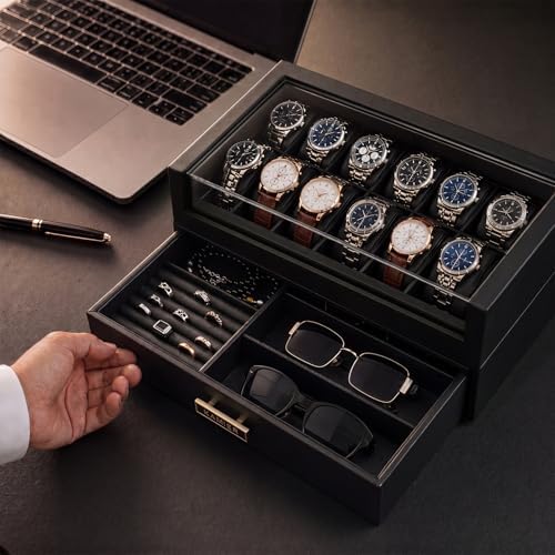 KAMIER High End Watch Box for Men, 12 Slot Wooden Watch Case With Drawer - Image 4