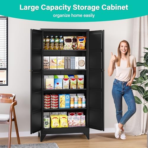 SISESOL Wide & Deep Metal Storage Cabinets with 2 Doors and 5 Shelves,Tall Storage Cabinet,Large Cupboard Closet,Pantry Storage Cabinet for Home,Kitchen,Dining/Living Room (Black, 72" H) - Image 3