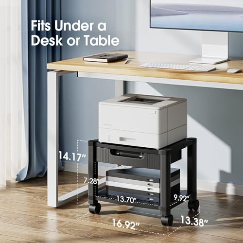 HUANUO Printer Stand with Storage Drawer, Locking Wheels, Under Desk Cart - Image 2