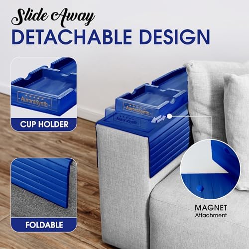 Couch Cup Holder, 2 Cork Coasters, Anti-Slip Foldable Couch Arm Tray Blue - Image 2