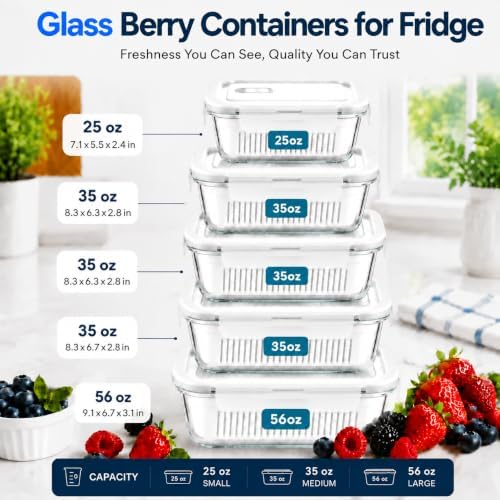 Glass Berry Containers for Fridge, 5 Pack, 2x56oz 2x35oz 1x25oz, with Removable Colanders and Vent Valve Lids, Glass Fruit Storage Containers for Refrigerator, Fresh Produce Storage Set(white) - Image 2