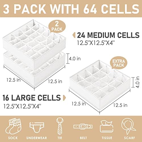 Criusia 3 Pack Sock Underwear Drawer Organizer Dividers, 64 Cell Fabric Foldable Cabinet Closet Organizers and Storage Boxes for Storing Socks, Panties, Ties (16+24+24 Cell, White) - Image 2