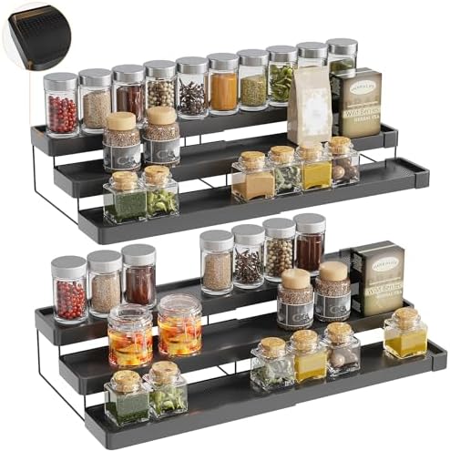 2 Pack Expandable Spice Rack Organizer for Cabinet - 3 Tier Adjustable Cabinet Spice Organizer Easy Visibility - Spice Organizer for Cabinet Countertop Cupboard Pantry Organization (Black) by invocoo
