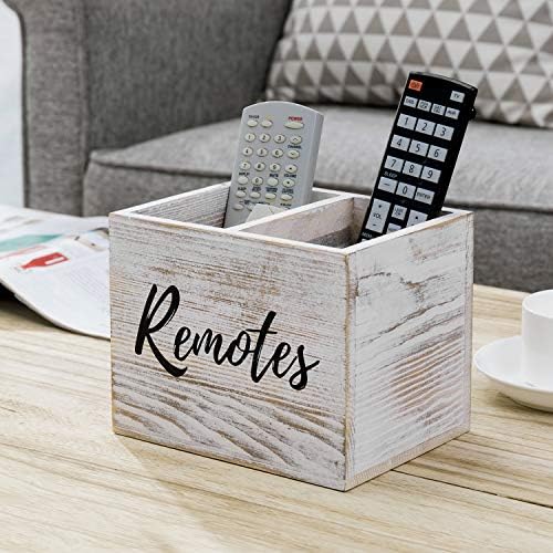 MyGift Remote Control Holder,TV Remote Holder,Wood Remote Caddy for Table,2 Large Compartment,Shabby Whitewashed Solid Wood with Black Cursive Remotes Label - Image 3