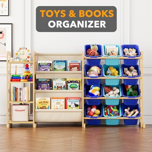 SpaceAid 3-in-1 Toy Storage Organizer with 4 Shelves and 12 Bins, Toy Organizers Storage 3-Tier Bookshelf, Kids Bin Shelf Box Bookcase for Bedroom Playroom Organization Room Decor, Blue and Navy Blue - Image 4