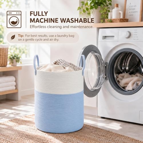 JMvicyroam 80L Cotton Rope Laundry Basket Hamper, White and Blue - Image 5