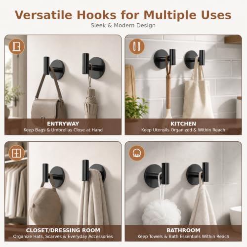 Self-Adhesive Coat Hooks, Stainless Steel Heavy Duty Wall Hooks, Towel Hooks for Hanging Robes, Aprons, Coats and Hats in Bathrooms,Kitchens and Hotels(2 Pack, Black) - Image 4