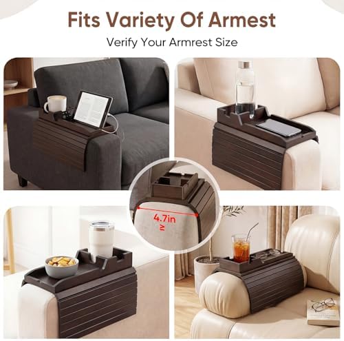 Bamboo Couch Arm Tray with Cup Holder, Sofa Armrest Table, Brown - Image 6