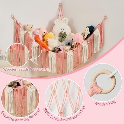 Pretty Jolly Stuffed Animal Hammock with Weaving Tassels and Beads Leather Pink - Image 2