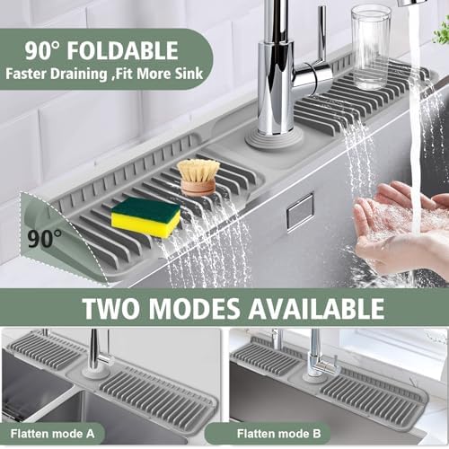 24-Inch Kitchen Sink Splash Guard Mat | 7° Slope for Fast Self-Draining | Snap-Lock Design | Universal & Cuttable Silicone Faucet Mat Gray - Image 5
