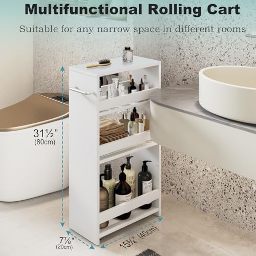 MARTY Slim Rolling Storage Cart, Wood Utility Kitchen Bathroom Laundry Cart - Image 4