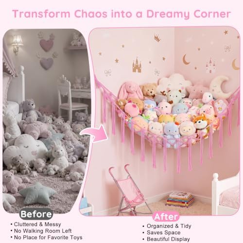 Basumee Stuffed Animals Hammock with LED Light Corner Net, Girls Room Decor - Image 2