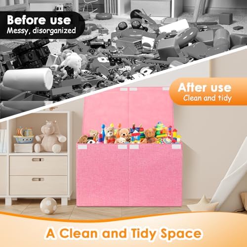 Large Toy Storage Box with Lid Upgraded Toy Chest Organizer with Removable PP Divider Foldable Toy Bin for Kids Boys Girls Linen Fabric Toy Box for Playroom Nursery Bedroom (25"x13"x16") - Image 3