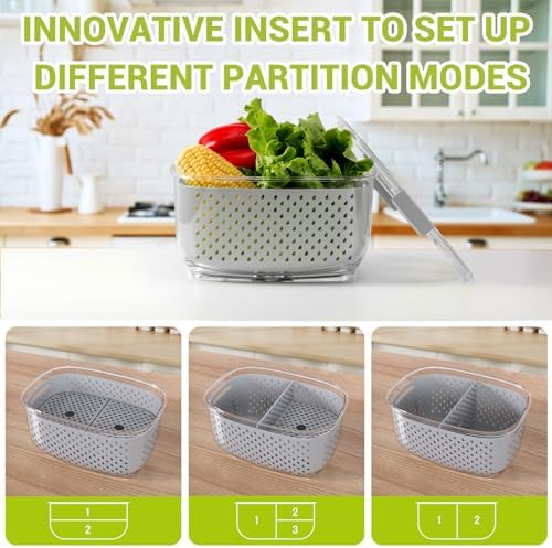 LUXEAR Fresh Produce Vegetable Fruit Storage Containers 3Piece Set, BPA-free Fridge Storage Container, Partitioned Salad Container, Fridge Organizers, Used in Storing Fruits Vegetables, Gray - Image 2