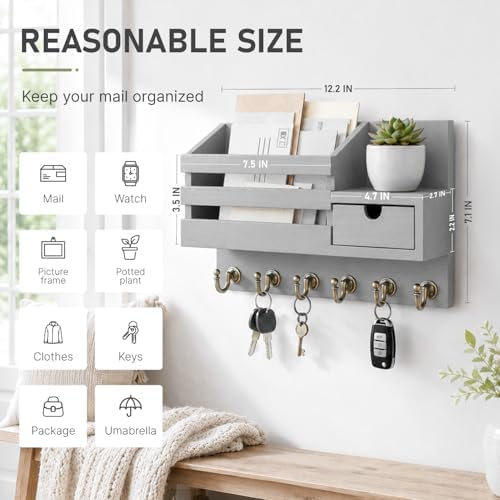 FifthQuarter Key Holder for Wall with Drawer and 6 Sturdy Hooks, A-Grey - Image 2