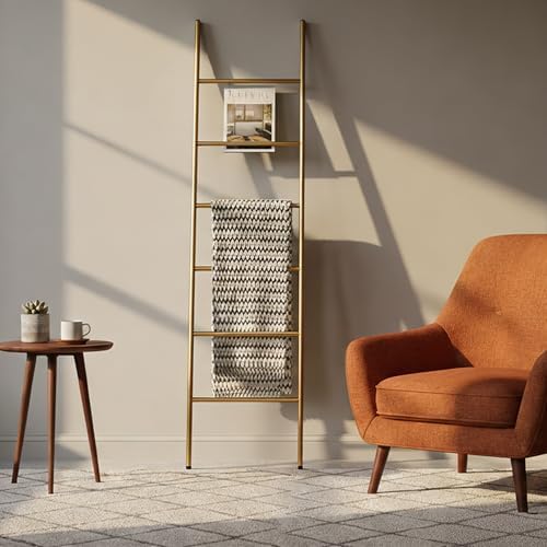 6-Tier Blanket Ladder 68 Inch Wall-Leaning Towel Rack for Living Room and Bedroom, Easy Assembly - Gold - Image 2