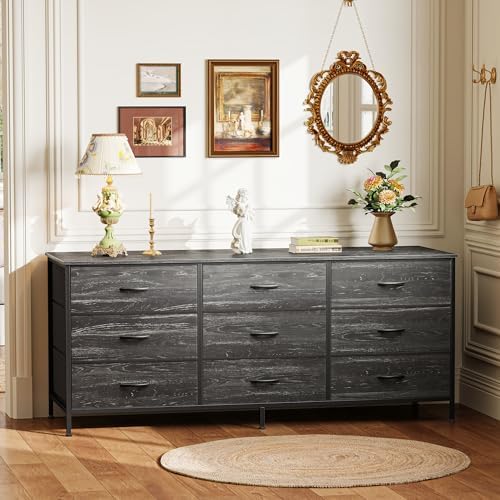 Huuger Long Dresser for Bedroom, 55 Inch TV Stand for 55, 60 Inch TV, Entertainment Center with Drawers, Large Storage, 9 Fabric Drawers Dresser for Closet, Charcoal Black Wood Grain Print - Image 5