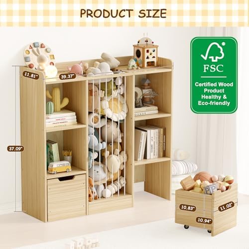 Toy Storage Organizer with Stuffed Animal Storage, Solid Pine Wooden Toy Organizer & Stuffed Animal Zoo, 4 Cubes Shelf with 2 Movable Drawers, 4 -in-1 Book Shelf for Kids Room, Playroom, Nursery - Image 2
