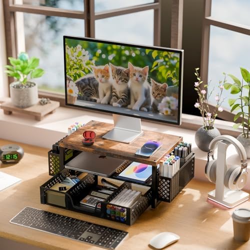 Simple Trending Monitor Stand with Drawer, 2-Tier Laptop Stand, Wood - Image 4
