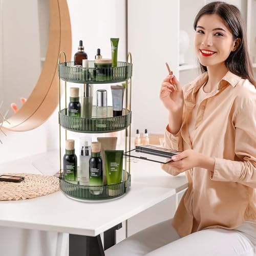 Aveniee Rotating Makeup Organizer for Vanity, Perfume Skin Care Organizers Large, Bathroom Counter Make Up Cosmetic Storage, Clear Spinning Skincare Lipstick Holder,3 Tiers, Green - Image 6
