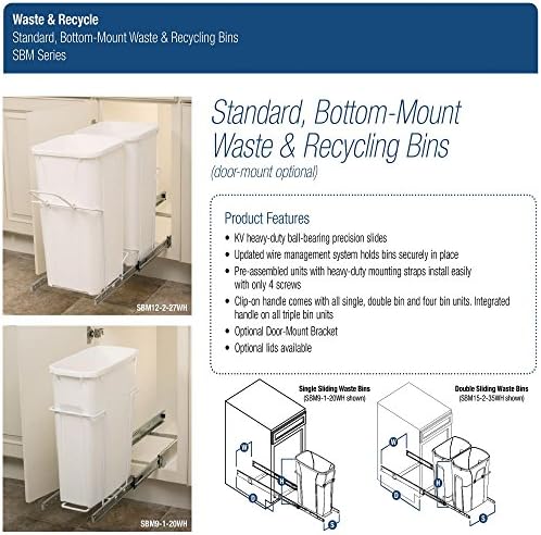 Knape & Vogt SBM9-1-20WH 8.38 in. W x 20 in. D x 17.31 in. H In Cabinet Pull-Out Bottom Mount 20qt Trash Can - Image 3